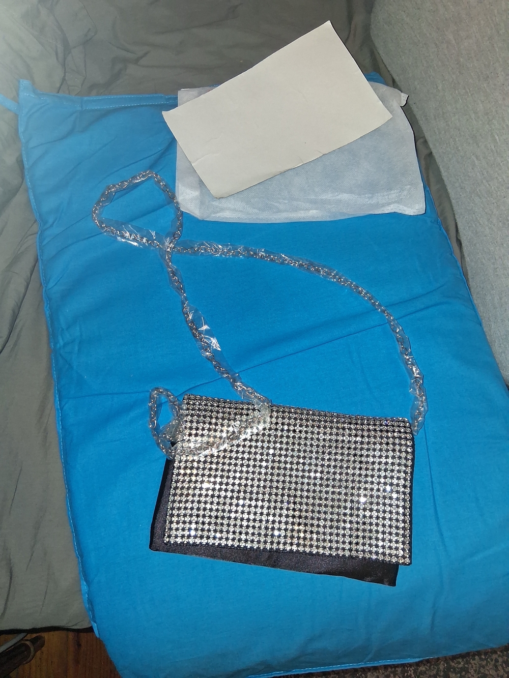 New Crystal Front Black Evening Crossbody Bag with Silver Accents